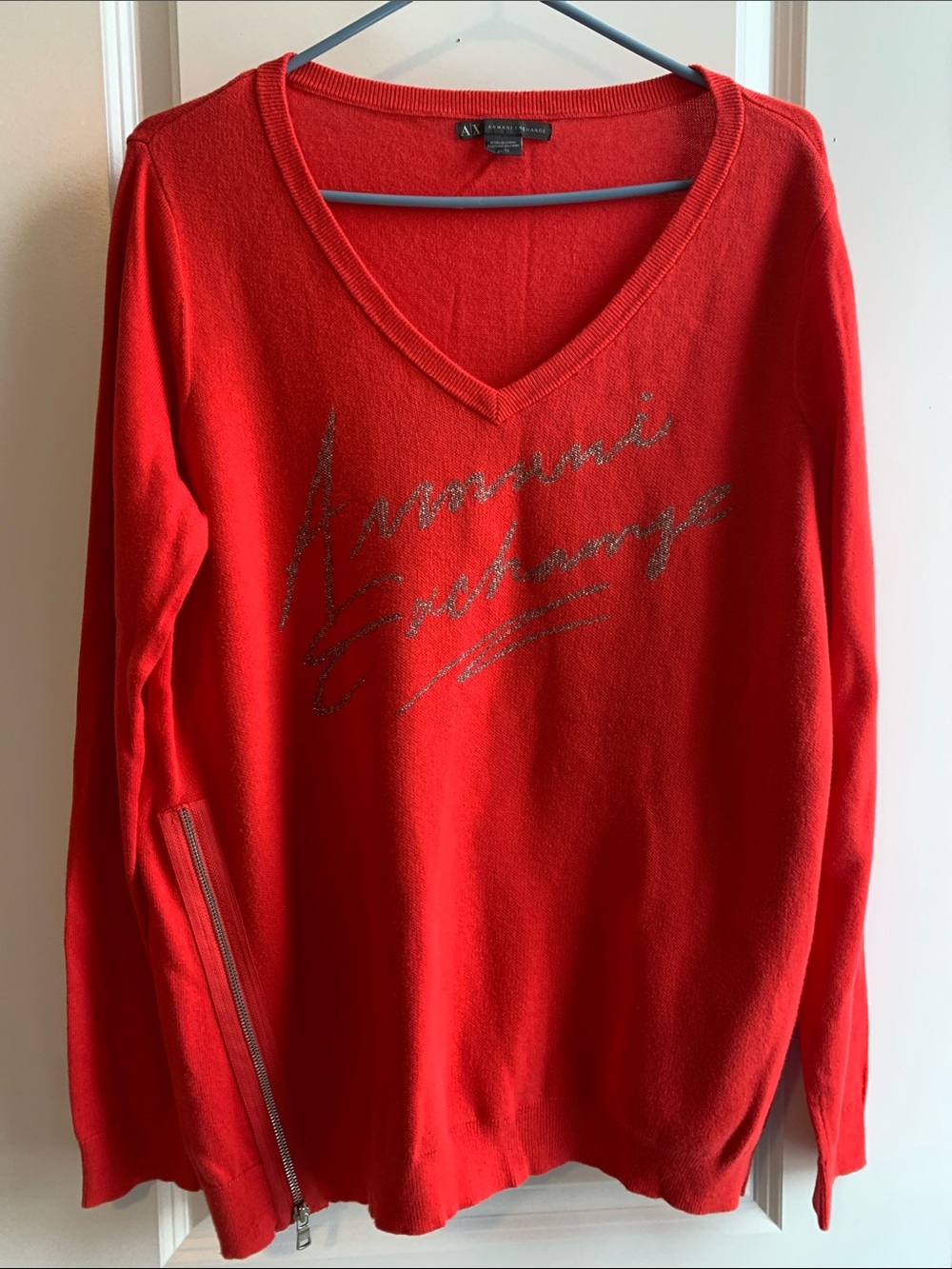 Armani Exchange Red V-Neck Sweater with Script Logo and Side Zip Detail